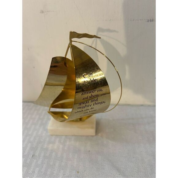 Sailboat 3"x6.5" brass? desk ornament Jeremiah 33:5 scripture - Picture 1 of 3